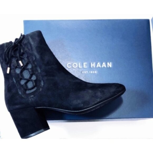 Cole Haan Womens Black Suede Side Zip Lace Up Block Heel Ankle Bootie Sz 8.5 New - Picture 3 of 8